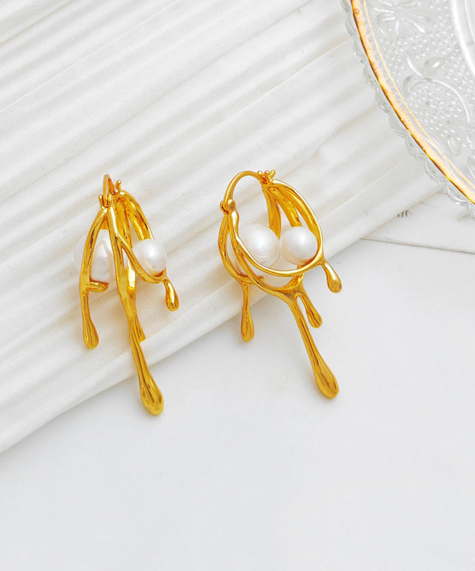Gold Plated Glass Pearl Hoop Earrings