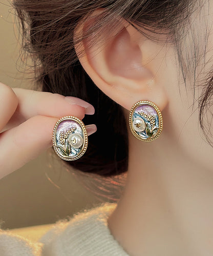 Gold Copper Alloy Pearl Enamel Stud Earrings