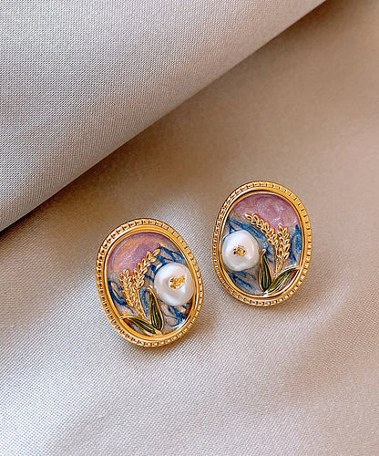 Gold Copper Alloy Pearl Enamel Stud Earrings