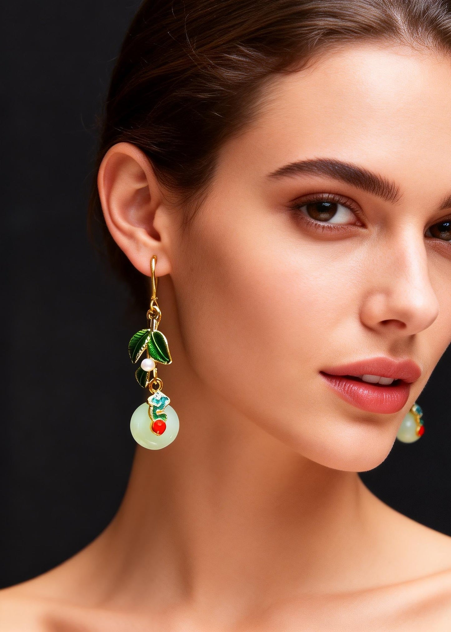 Green Leaf Metal Fine Circular Jade Drop Earrings