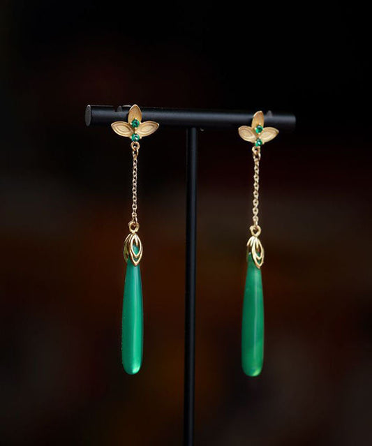 Green Sterling Silver Green Agate Water Drop Tassel Drop Earrings Tw1058