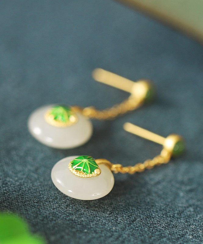 Green Sterling Silver Overgild Jade Lotus Drop Earrings