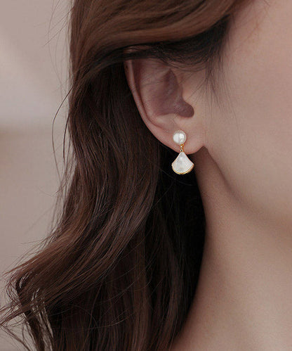 White Copper Overgild Pearl Shell Fan-shaped Stud Earrings