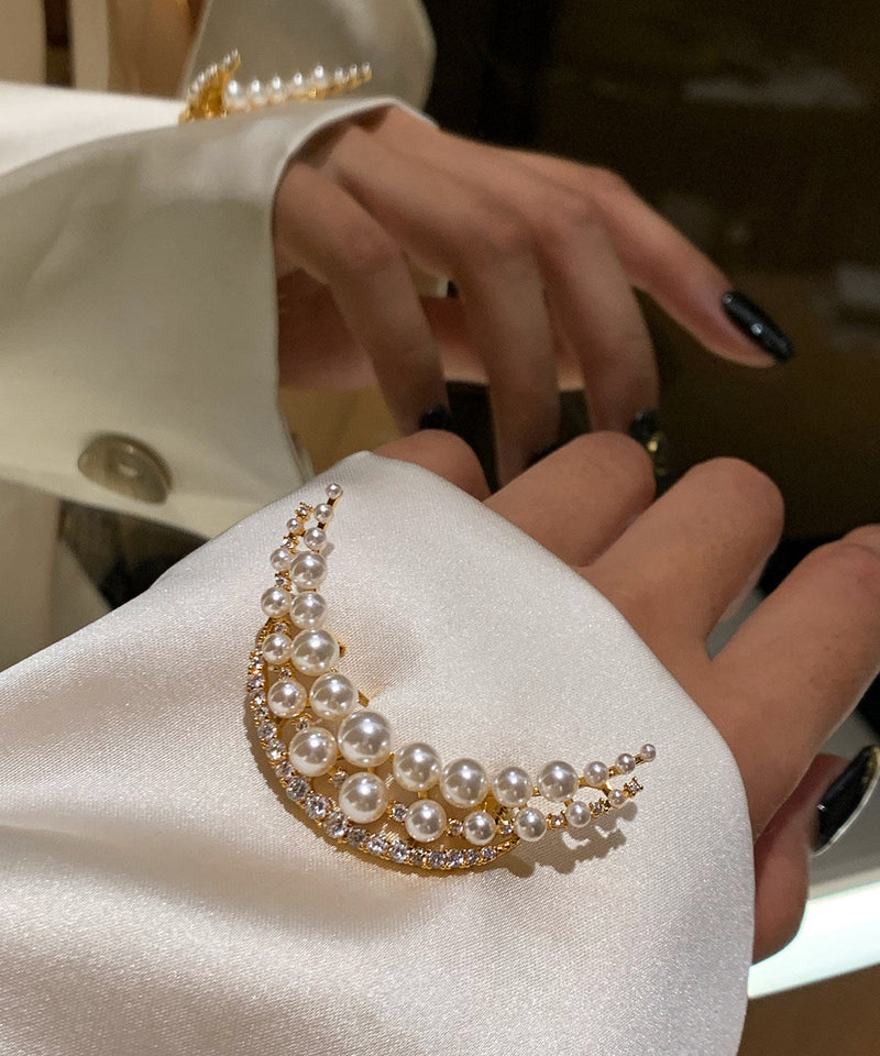 White Pearl Moon Shaped Fine Zircon Brooch
