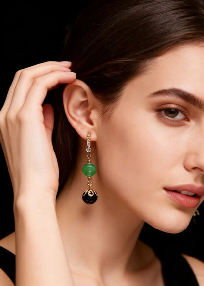 Black Agate Tassels Jade Drop Earrings