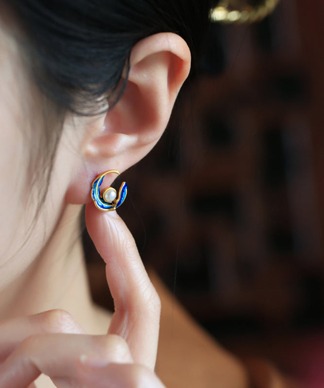 Colorblock Copper Alloy Pearl Feather Hoop Earrings