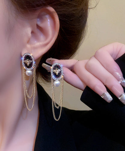 Gold Alloy Pearl Crystal Zircon Tassel Drop Earrings