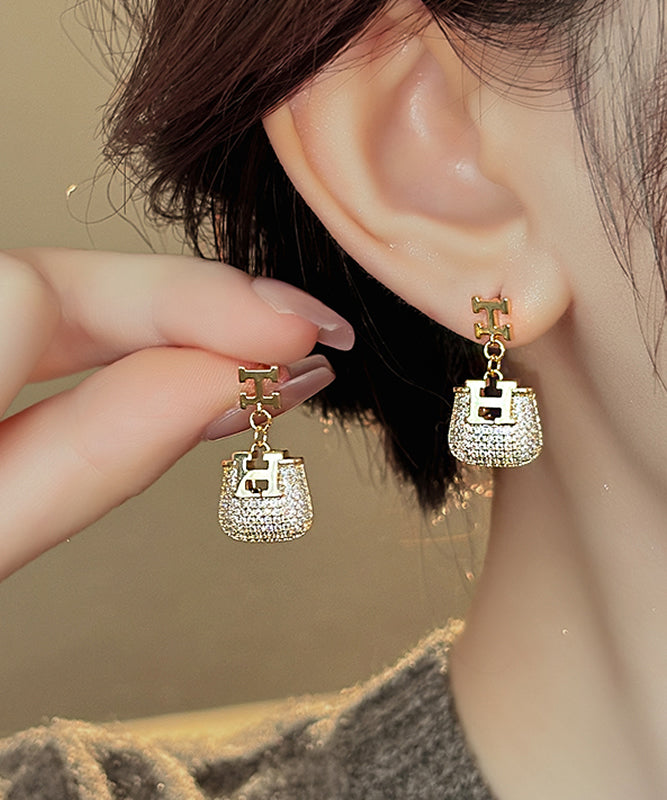 Gold Copper Alloy Zircon Graphic Bag Drop Earrings