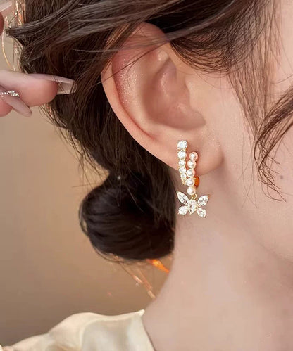 Gold Copper Overgild Zircon Pearl Butterfly Hoop Earrings