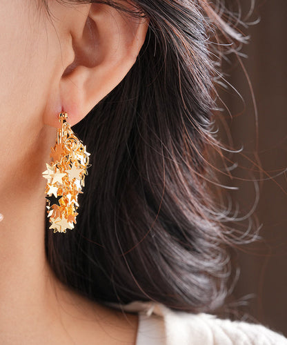 Gold Copper Overgild Zircon Star Tassel Hoop Earrings