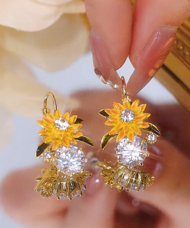 Gold Copper Overgild Zircon Sunflower Drop Earrings