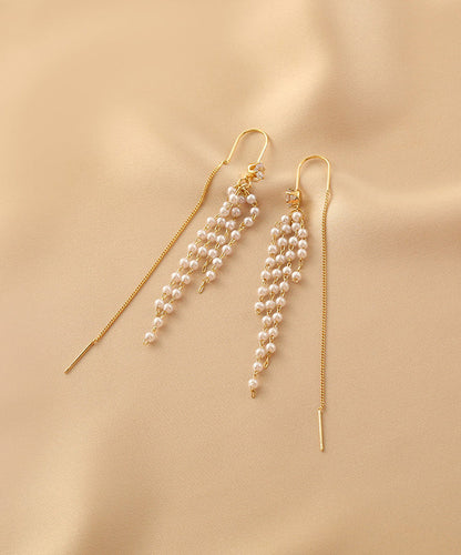 Gold Sterling Silver Alloy Pearl Tassel Drop Earrings