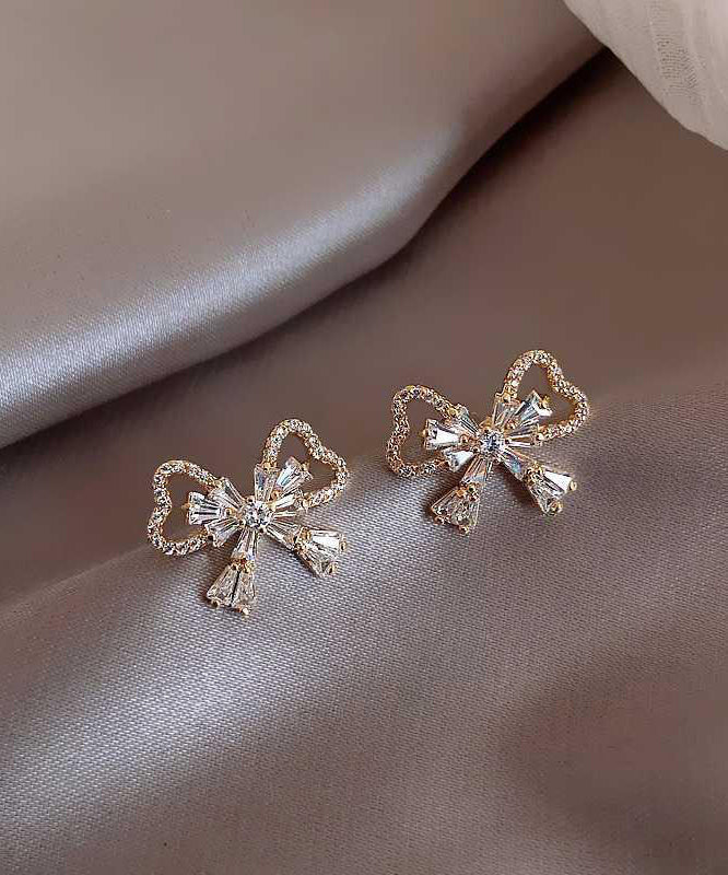 Gold Sterling Silver Alloy Zircon Bow Stud Earrings Kx1001