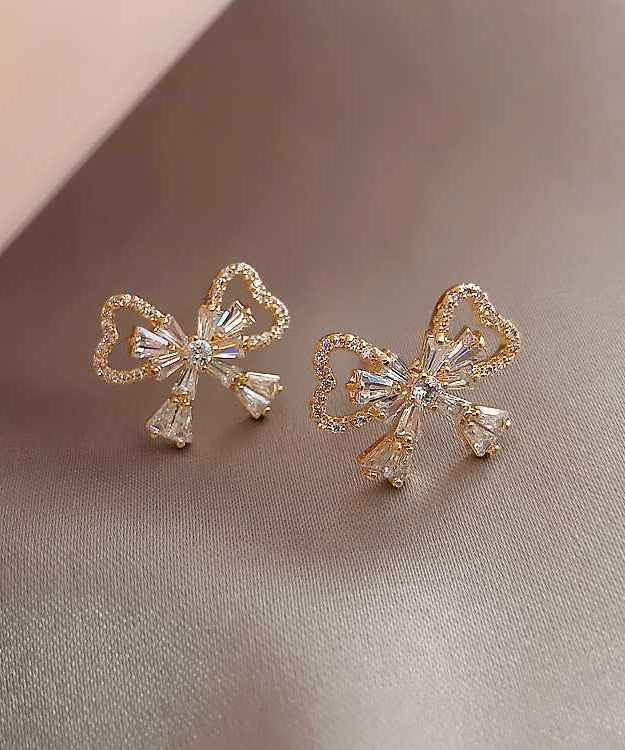 Gold Sterling Silver Alloy Zircon Bow Stud Earrings Kx1001
