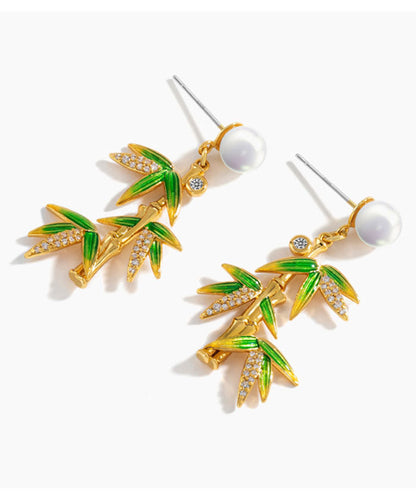 Green Overgild Zircon Pearl Bamboo Drop Earrings Tw1016