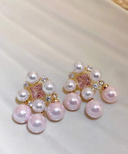 Light Pink Alloy Zircon Pearl Hollow Out Stud Earrings