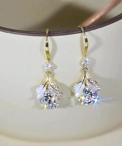 White Sterling Silver Overgild Zircon Leaves Drop Earrings