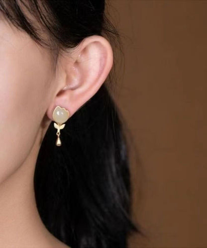 Yellow Sterlign Silver Inlaid Jade Leaf Drop Earrings