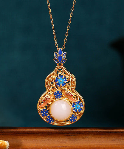 Fine Blue Ancient Gold Jade Enamel Lotus Flower Gourd Pendant Necklace Kx1073