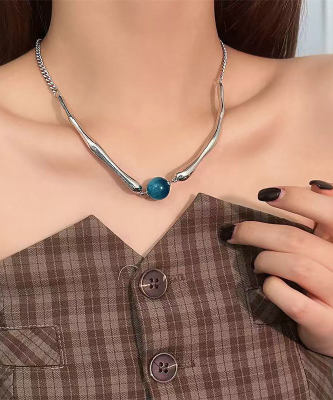 Fine Blue Metal Asymmetric Beads Pendant Necklace Ra009
