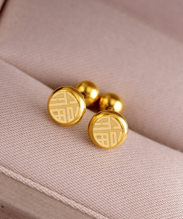 Fine Gold Stainless Steel Fu Character Stud Earrings Gh1051