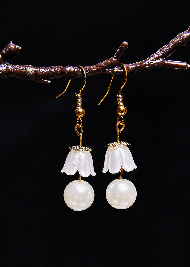 Fine White Lily of the Valley Pearl Drop Earrings