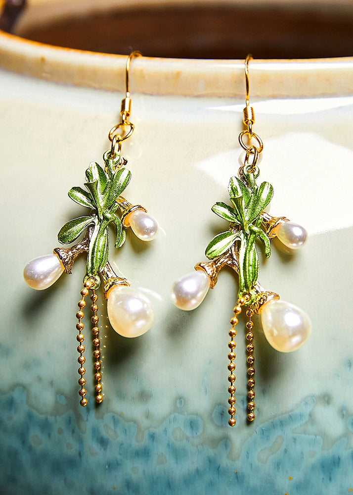 Fine White Pearl 14k Gold Branch Tassels Drop Earrings