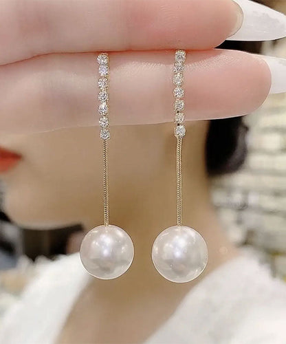 Fine White Fine Sterling Silver Overgild Zircon Pearl Tassel Drop Earrings