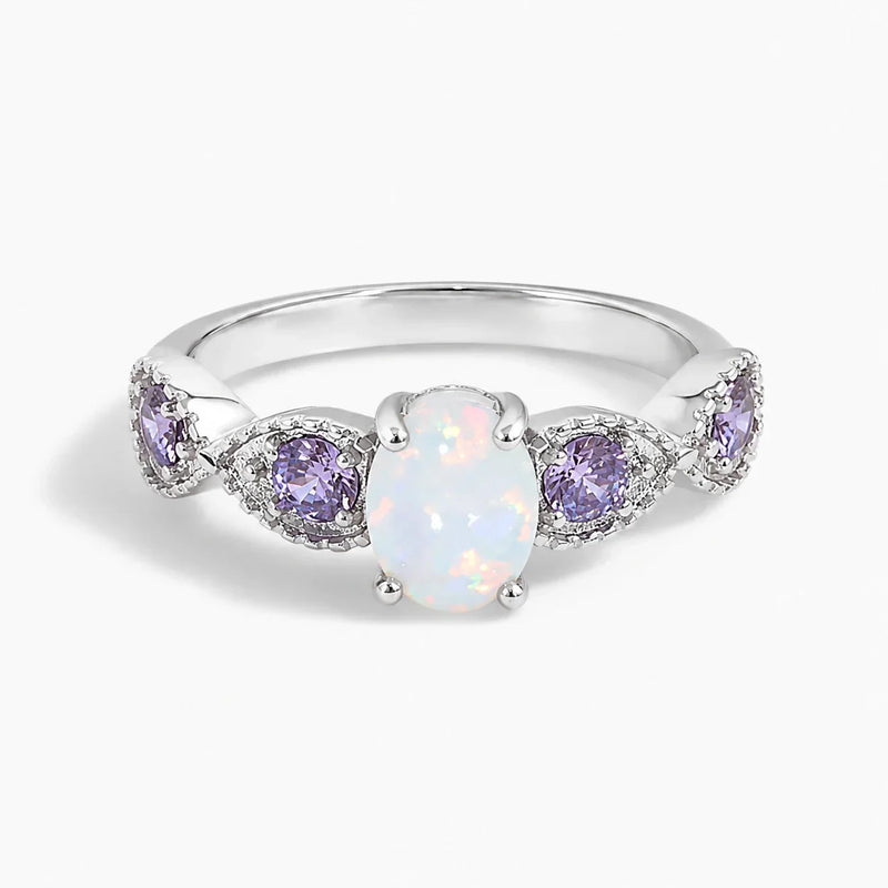 Goddess of Light White Fire Opal Amethyst Ring
