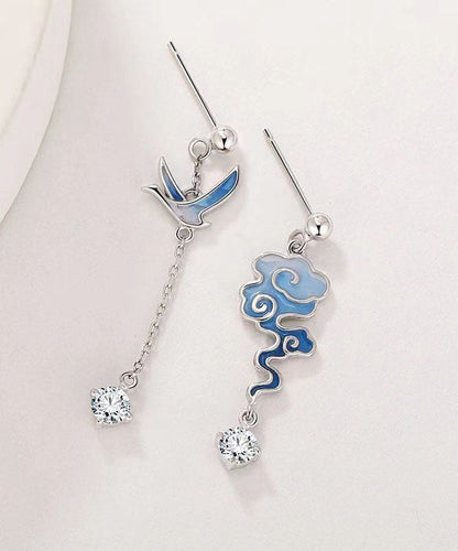Gradient Color Blue Sterling Silver Asymmetricar Zircon Xiangyun Crane Tassel Drop Earrings Tw1010