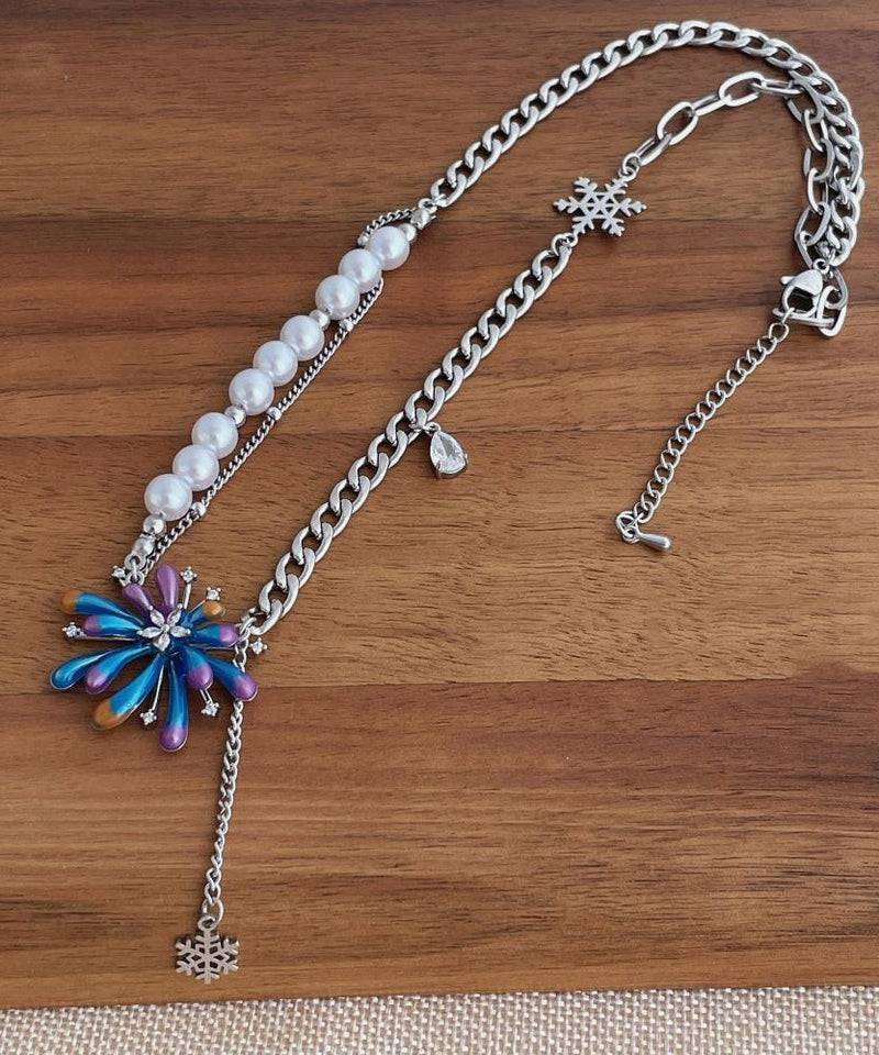 Gradient Color Rainbow Sterling Silver Zircon Fireworks Pearl Tassel Pendant Necklace