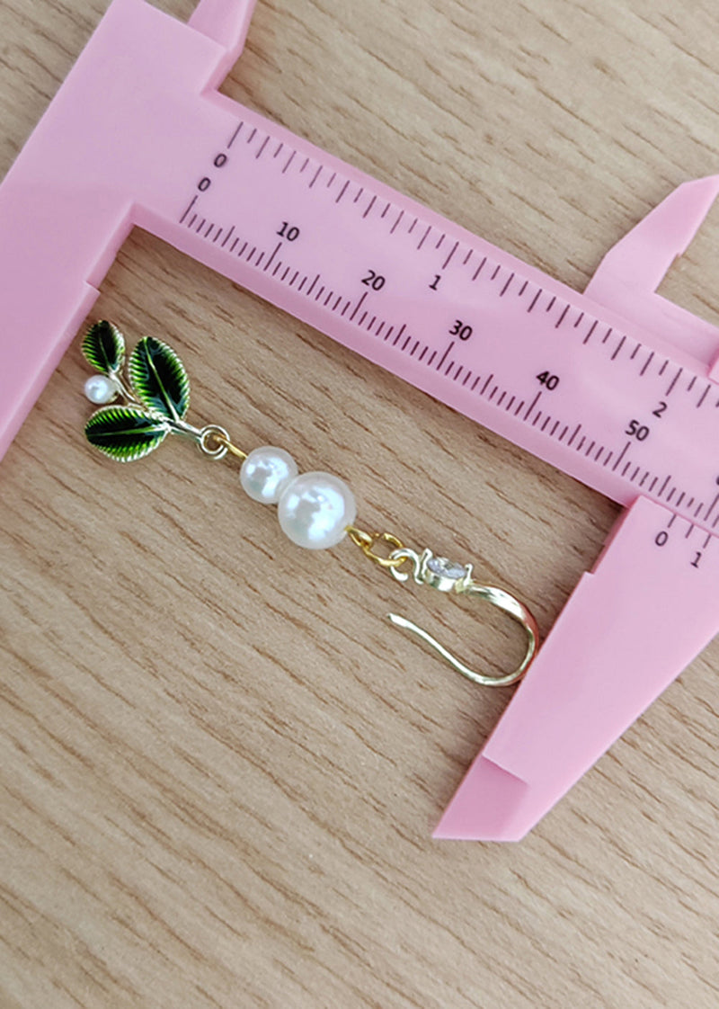 Handmade Green Leaf Pearl Zircon Drop Earrings
