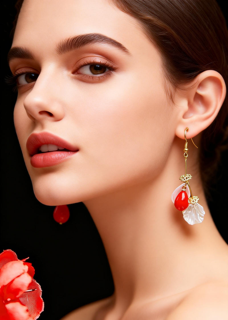 Italian Red Droplet Shape Coral and Shell Drop Earrings