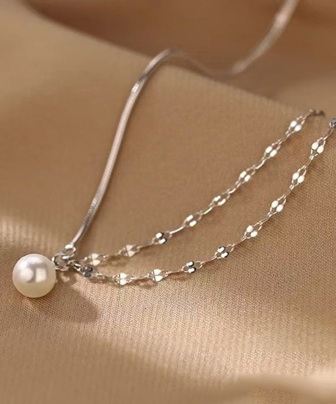 Modern Silk Sterling Silver Double Layer Pearl Pendant Necklace Ra012