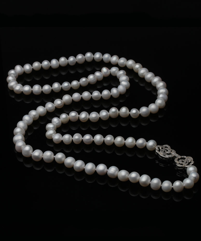 Natural Sterling Silver White Long Pearl Necklace Wedding