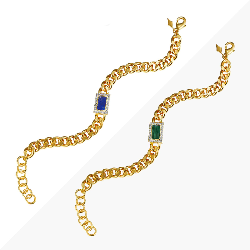 Natural Lapis & Natural Malachite Cuban Chain Bracelet