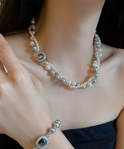 New Colorblock Alloy Zircon Double Layer Pearl Gratuated Bead Necklace Et028
