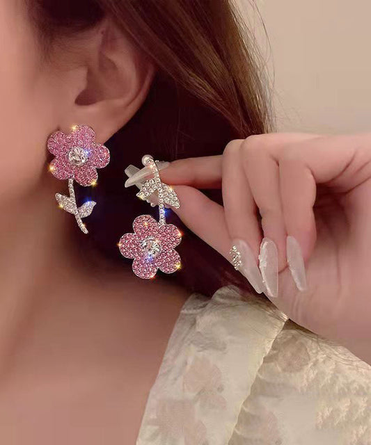 New Fashionable Pink Organza Flower Crystal Tassel Earrings Gh1068