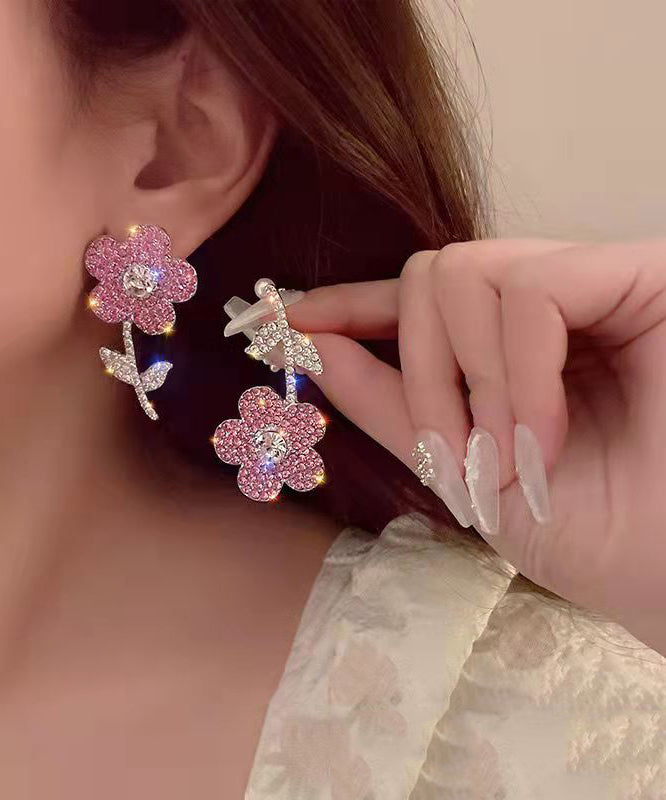New Fashionable Pink Organza Flower Crystal Tassel Earrings Gh1068