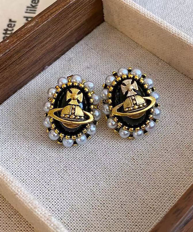New Black Metal Pearl Stud Earrings