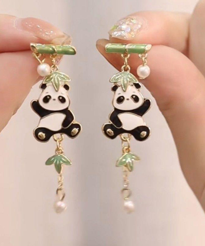 Novelty Colorblock Metal Alloy Zircon Pearl Panda Bamboo Joint Tassel Drop Earrings Kx1050