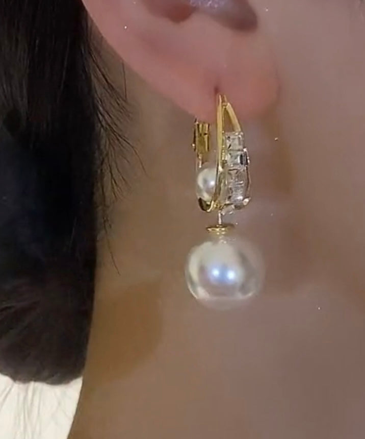 Novelty Gold Copper Overgild Pearl Zircon Drop Earrings Kx1038
