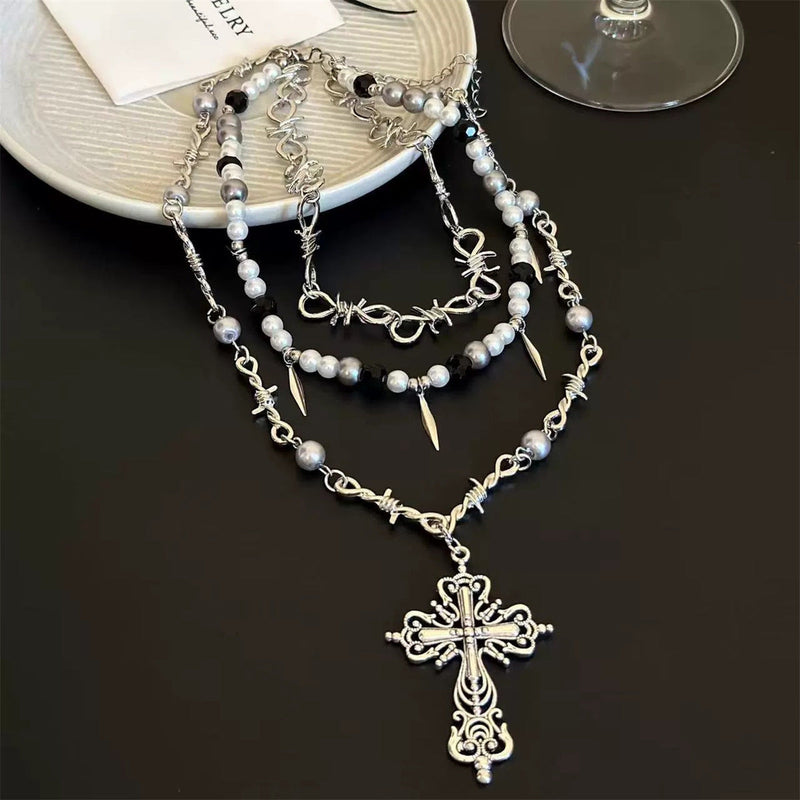 Gothic Beaded Thorn Heavy Punk Cross Pendant Layered Necklace