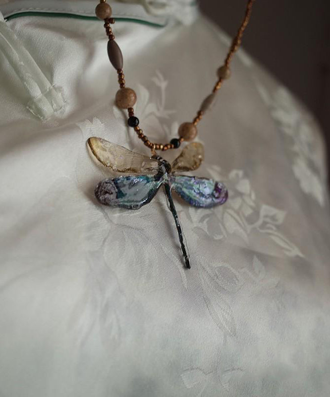 Original Design Colorblock Beading Dragonfly Pendant Necklace Qj052