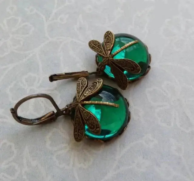 Antique Gold Dragonfly Sphere Earrings