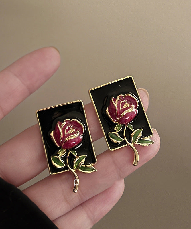 Regular Gold Sterling Silver Overgild Rose Drip Glaze Stud Earring Kx1049