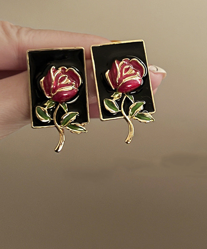 Regular Gold Sterling Silver Overgild Rose Drip Glaze Stud Earring Kx1049