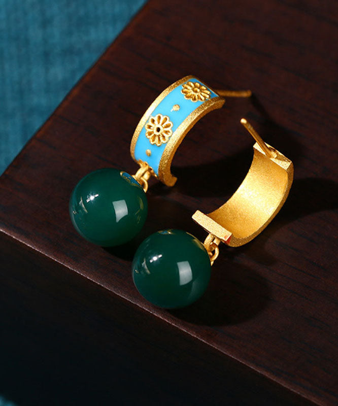 Retro Blue Ancient Gold Chalcedony Hoop Earrings