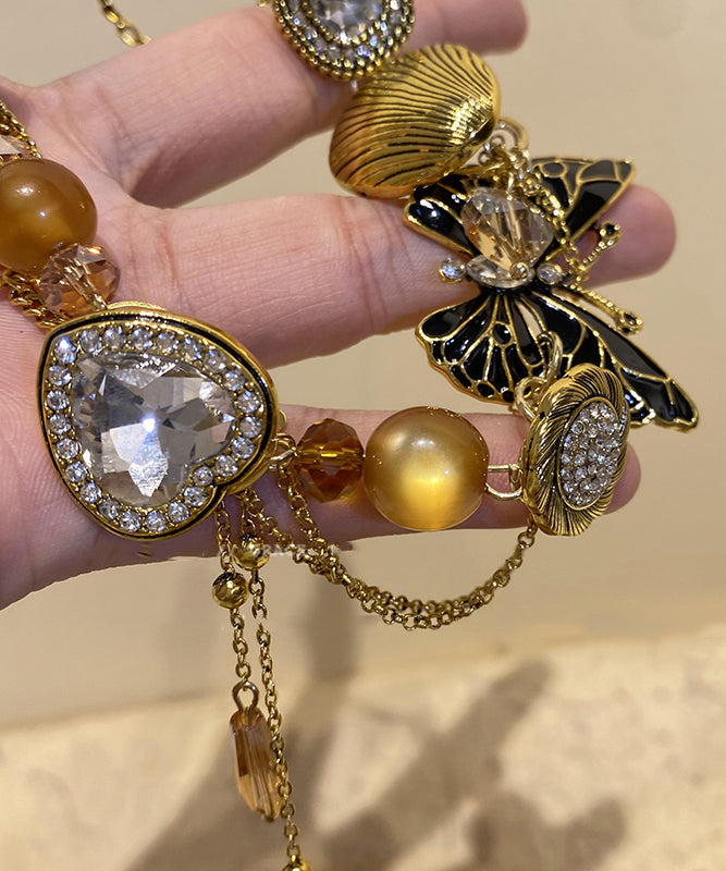 Retro Gold Copper Zircon Crystal Resin Pearl Pendant Necklace Yu016