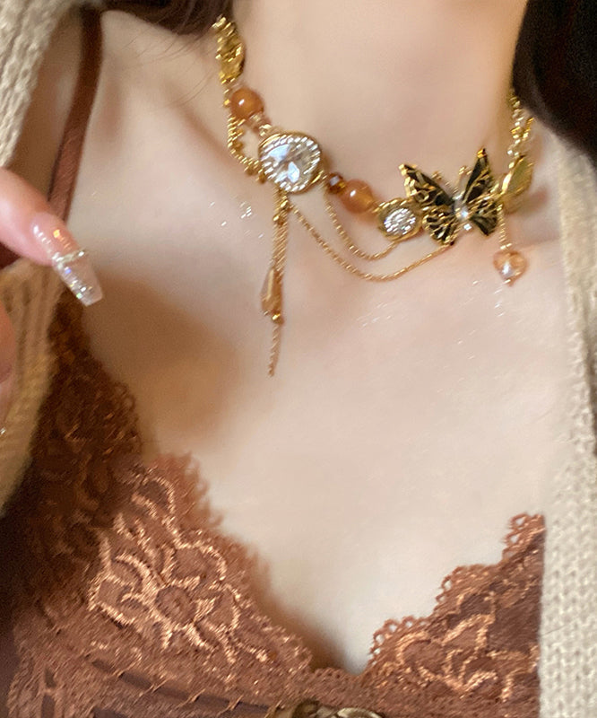 Retro Gold Copper Zircon Crystal Resin Pearl Pendant Necklace Yu016